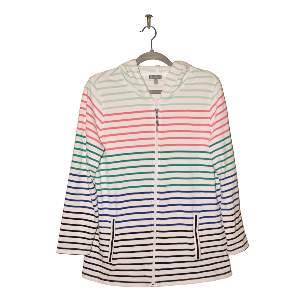 Talbots White Hooded Zip Jacket with Multicolor Stripes